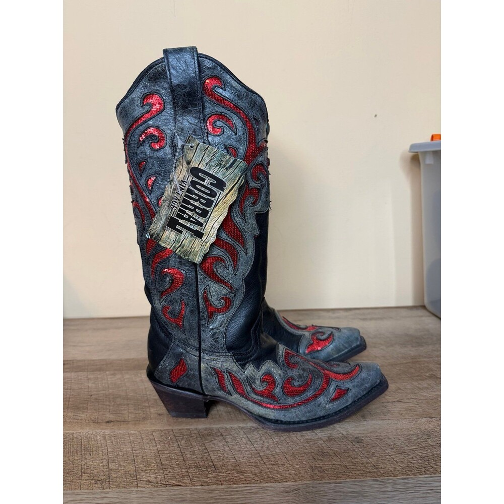 NWT Corral Vintage Rare western Boots Women’s 6M Black grey Red Glitter Inlay